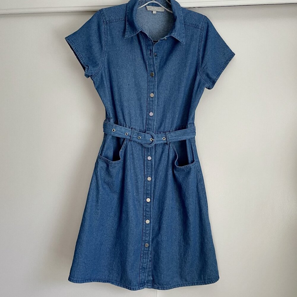 J GEE Denim Blue Jean Shirt Dress Size MP Short Sleeve Button Belted Pockets VTG - Picture 10 of 10